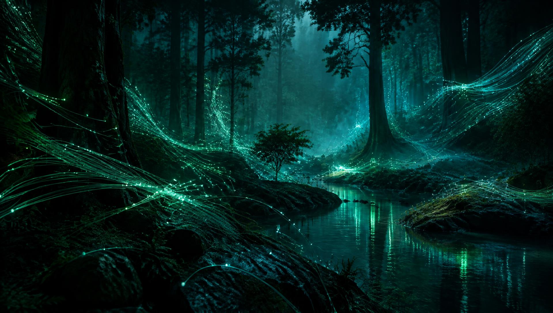 Rede de fibra óptica iluminando a noite